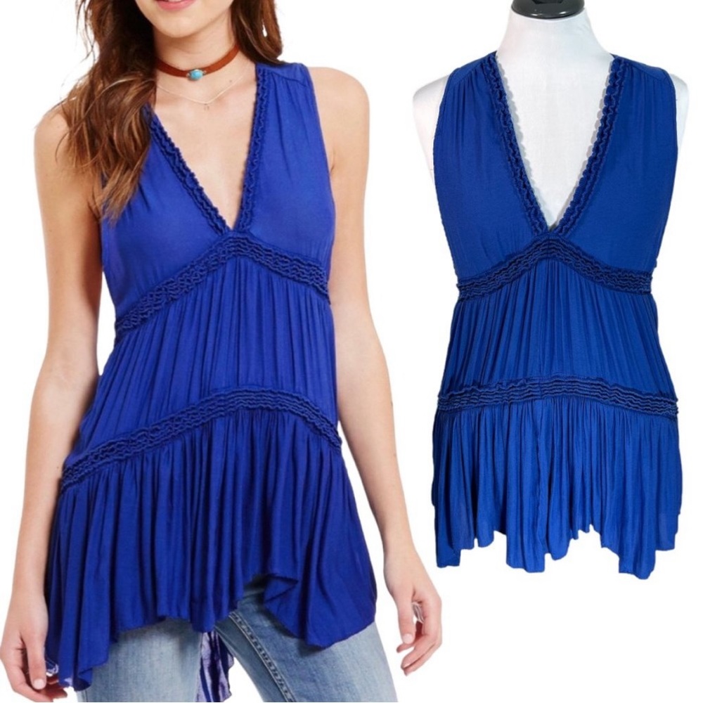 Free People Purple Haze V-Neck Tunic Top in Cobalt Blue, Small